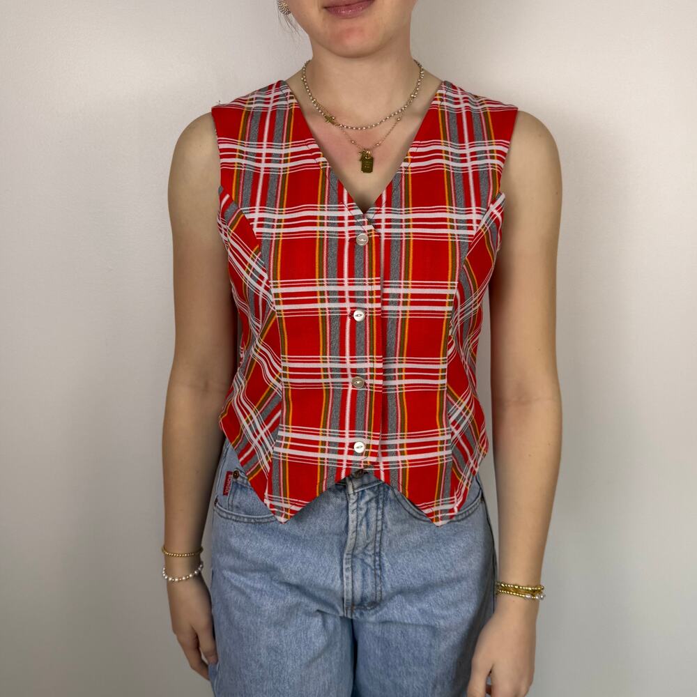 Vintage 70s Leisure Suit jacket and vest red plaid size Small